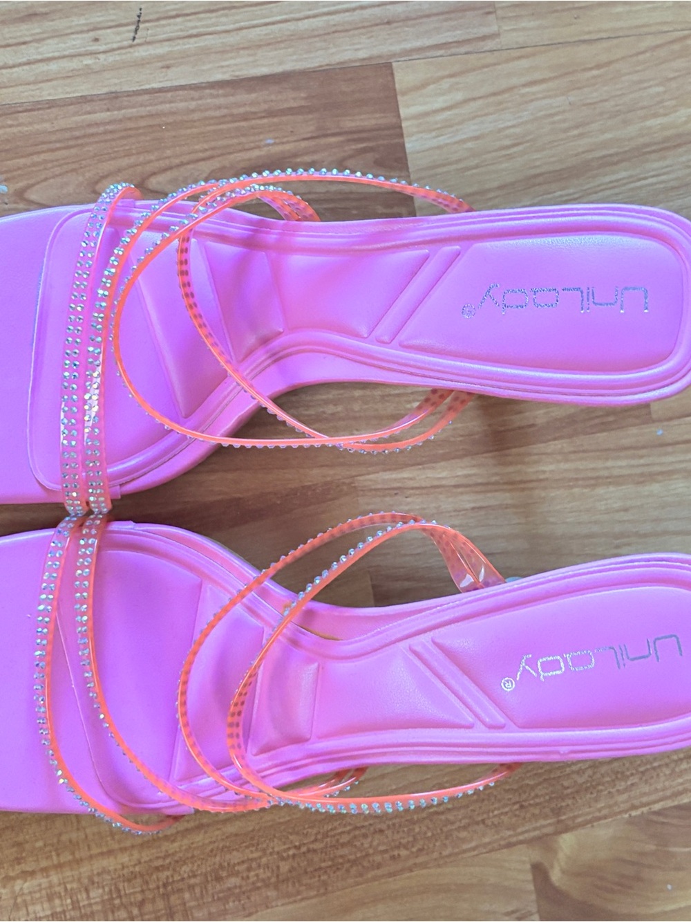 Unilady Brand Pink Strappy Rhinestone Slide Sandals
